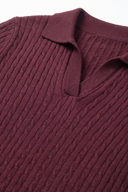 Purple Merino Wool Blend Cable Knit Polo Collar V Neck Sweater