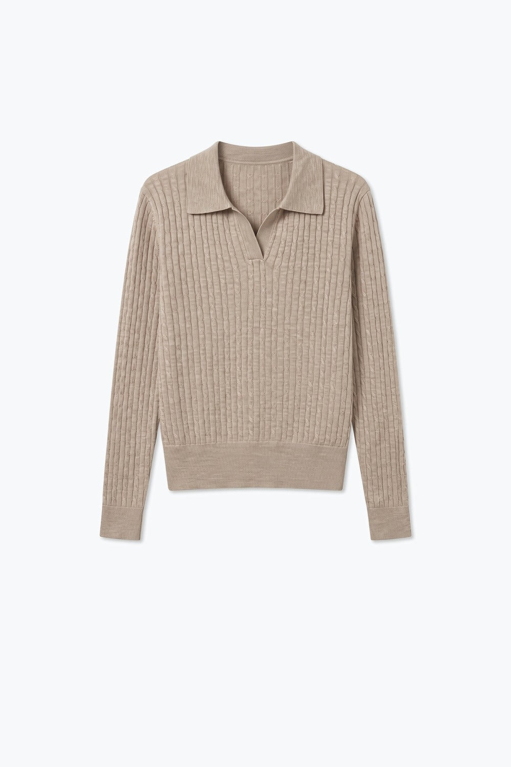 Fango Merino Wool Blend Cable Knit Open Polo Collar Ribbed Trim Sweater
