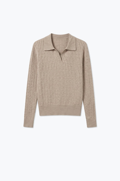 Fango Merino Wool Blend Cable Knit Open Polo Collar Ribbed Trim Sweater