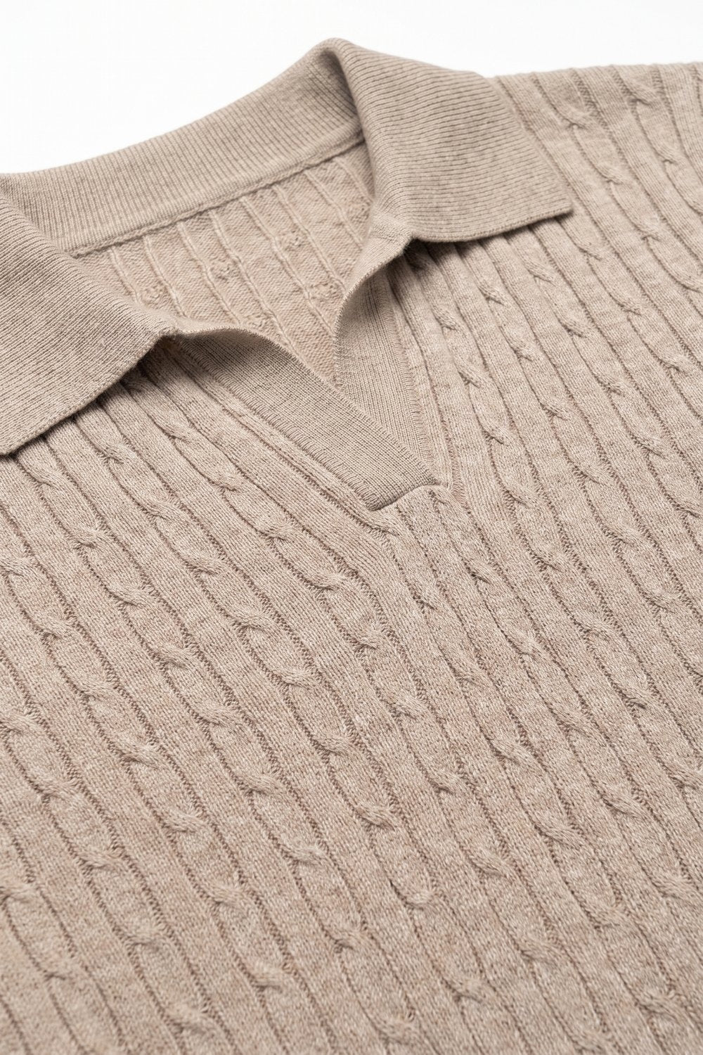 Fango Merino Wool Blend Cable Knit Open Polo Collar Ribbed Trim Sweater