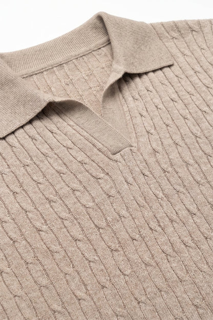 Fango Merino Wool Blend Cable Knit Open Polo Collar Ribbed Trim Sweater