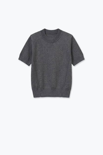 Grey Merino Wool Blend Fine Knit Sleeve Sweater