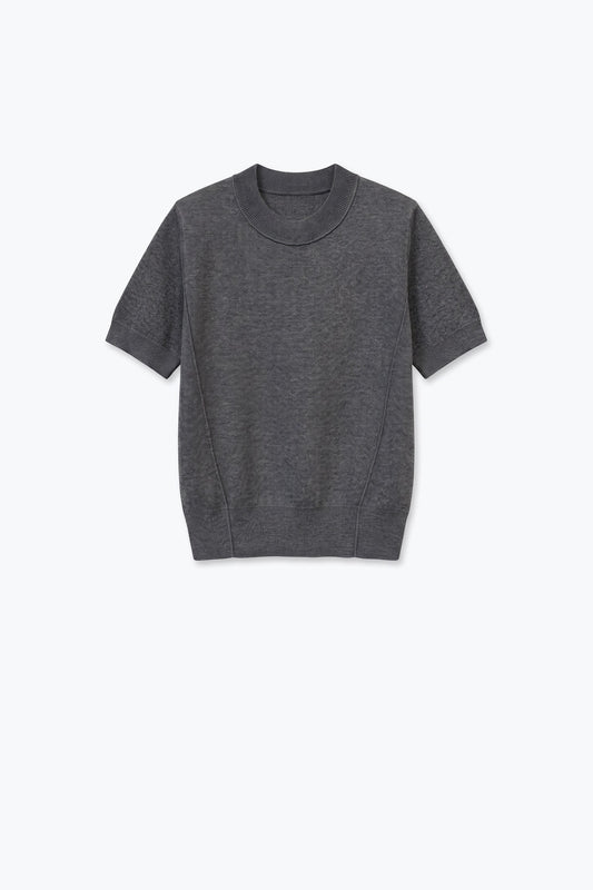 Grey Merino Wool Blend Fine Knit Sleeve Sweater