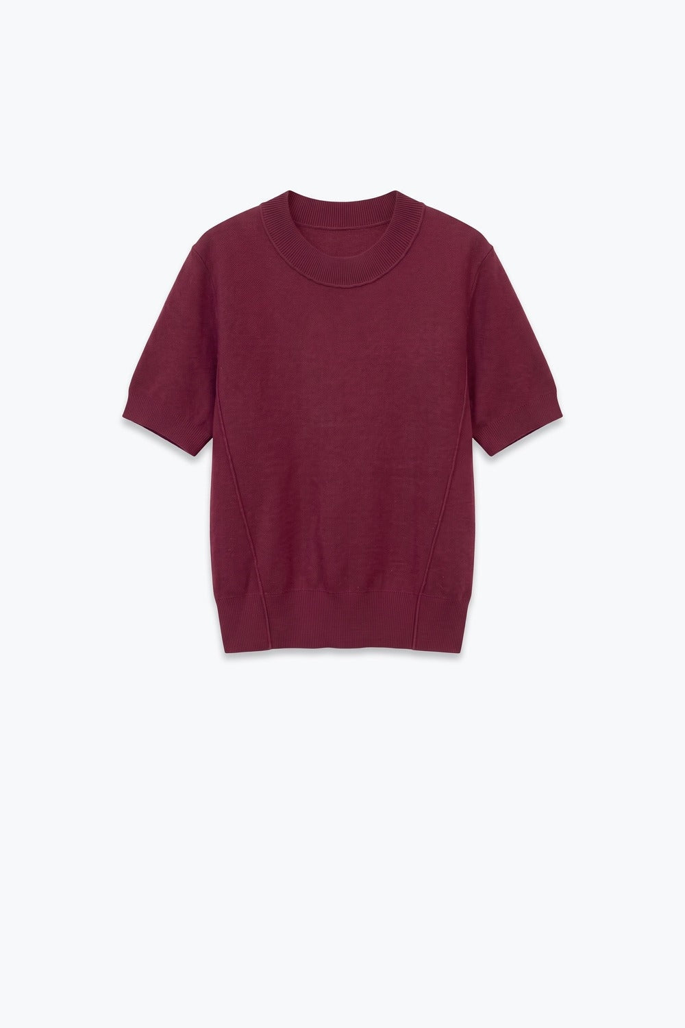 Burgundy Merino Wool Blend Fine Knit Short Sleeve Sweater