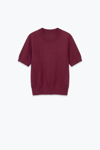 Burgundy Merino Wool Blend Fine Knit Short Sleeve Sweater