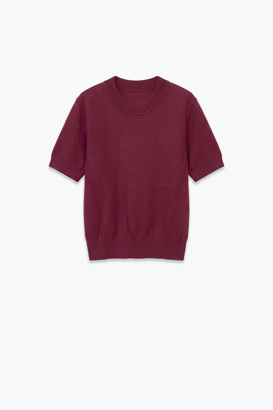 Burgundy Merino Wool Blend Fine Knit Short Sleeve Sweater