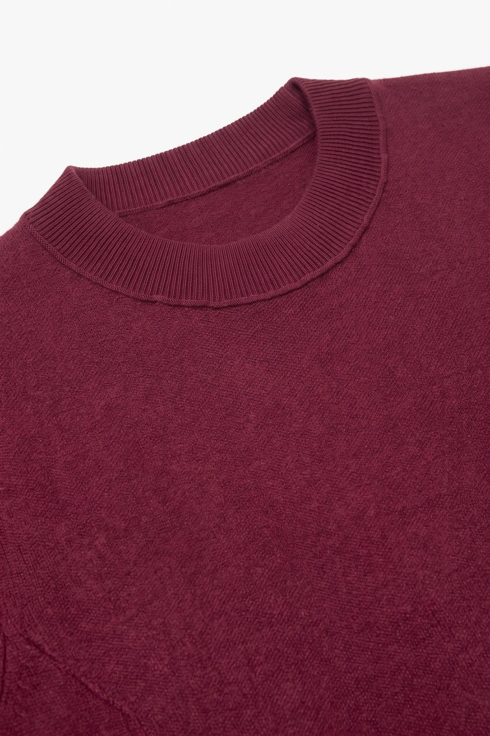 Burgundy Merino Wool Blend Fine Knit Short Sleeve Sweater