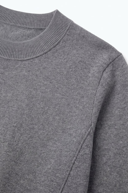 Grey Merino Wool Blend Fine Knit long sleeves Ribbed Trim Sweater