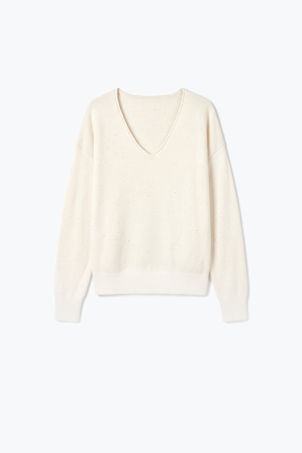 Cream Speckled Fine Knit V Neck Ribbed Trim Sweater with sequins embellished
