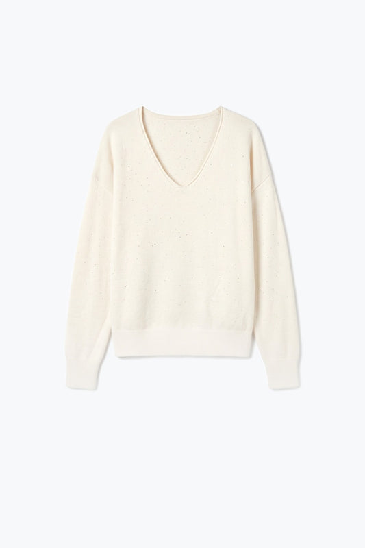 Cream Speckled Fine Knit V Neck Ribbed Trim Sweater with sequins embellished