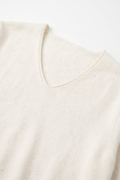 Cream Speckled Fine Knit V Neck Ribbed Trim Sweater with sequins embellished