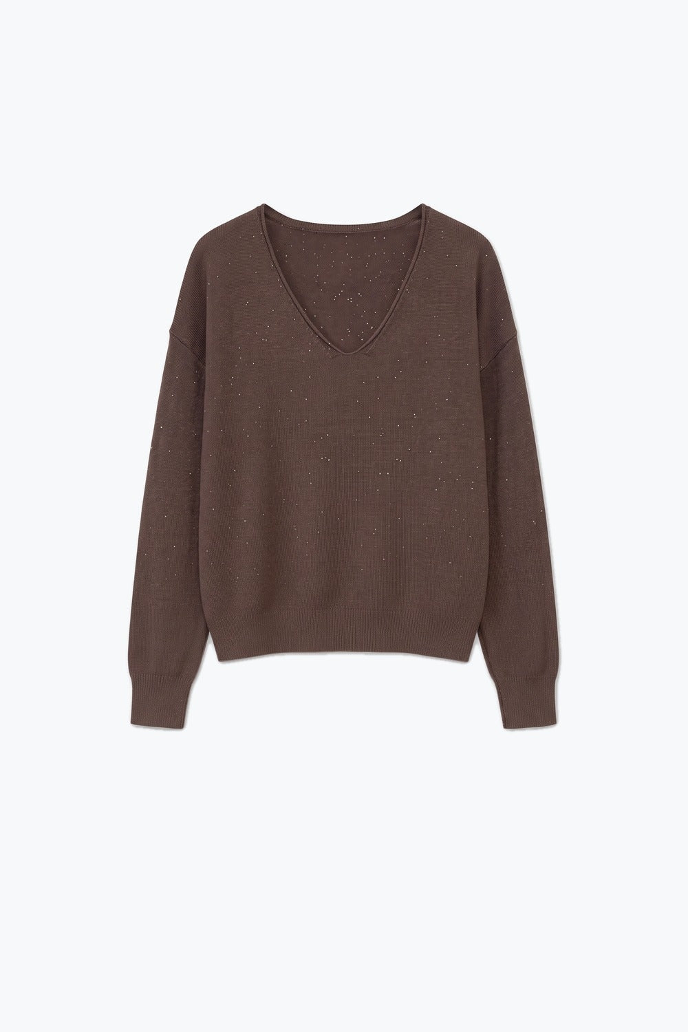 Brown Glitter Soft Knit V Neck Ribbed Trim Sweater with sequins embellished