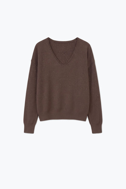 Brown Glitter Soft Knit V Neck Ribbed Trim Sweater with sequins embellished