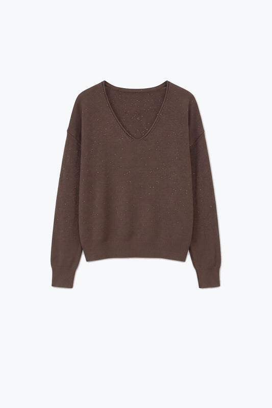 Brown Glitter Soft Knit V Neck Ribbed Trim Sweater with sequins embellished