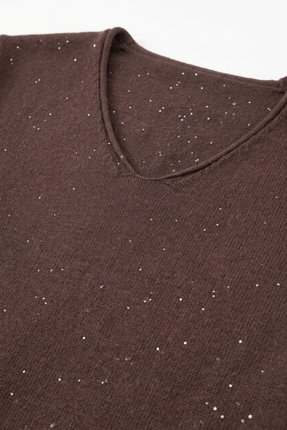 Brown Glitter Soft Knit V Neck Ribbed Trim Sweater with sequins embellished