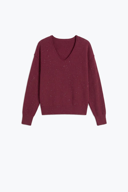 wine Glitter Fine Knit V Neck Ribbed Trim Sweater with sequins embellished
