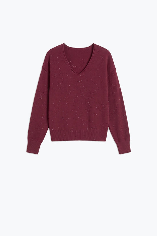 wine Glitter Fine Knit V Neck Ribbed Trim Sweater with sequins embellished