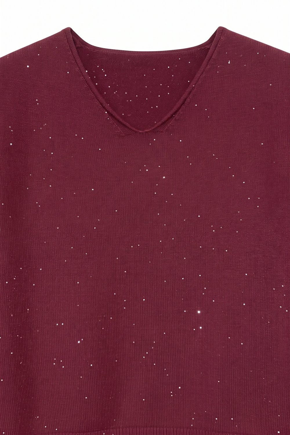 wine Glitter Fine Knit V Neck Ribbed Trim Sweater with sequins embellished