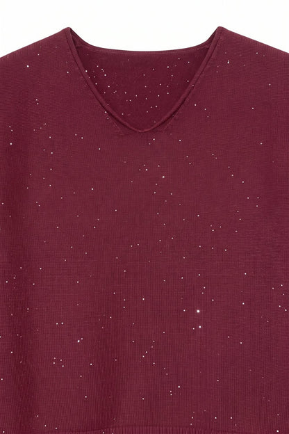 wine Glitter Fine Knit V Neck Ribbed Trim Sweater with sequins embellished