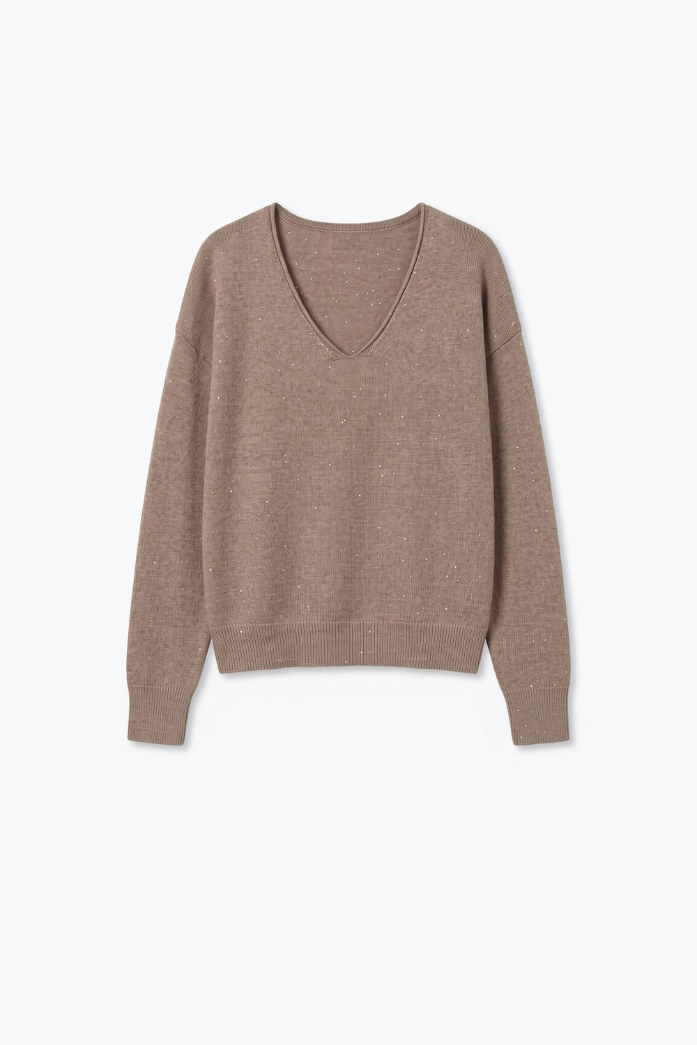 Fango Glitter Fleck Soft Knit V Neck Ribbed Trim Sweater with sequins embellished