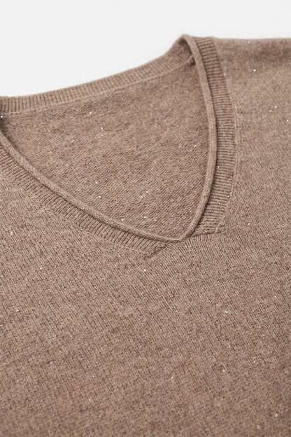 Fango Glitter Fleck Soft Knit V Neck Ribbed Trim Sweater with sequins embellished