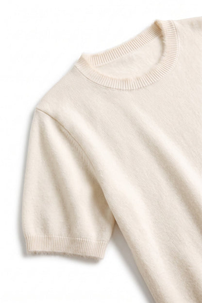 cream Short Sleeve Crew Neck Sweater with Faux Fur Trim