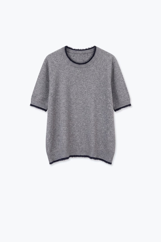 Gray Short Sleeve Crew Neck Sweater with Faux Fur Trim