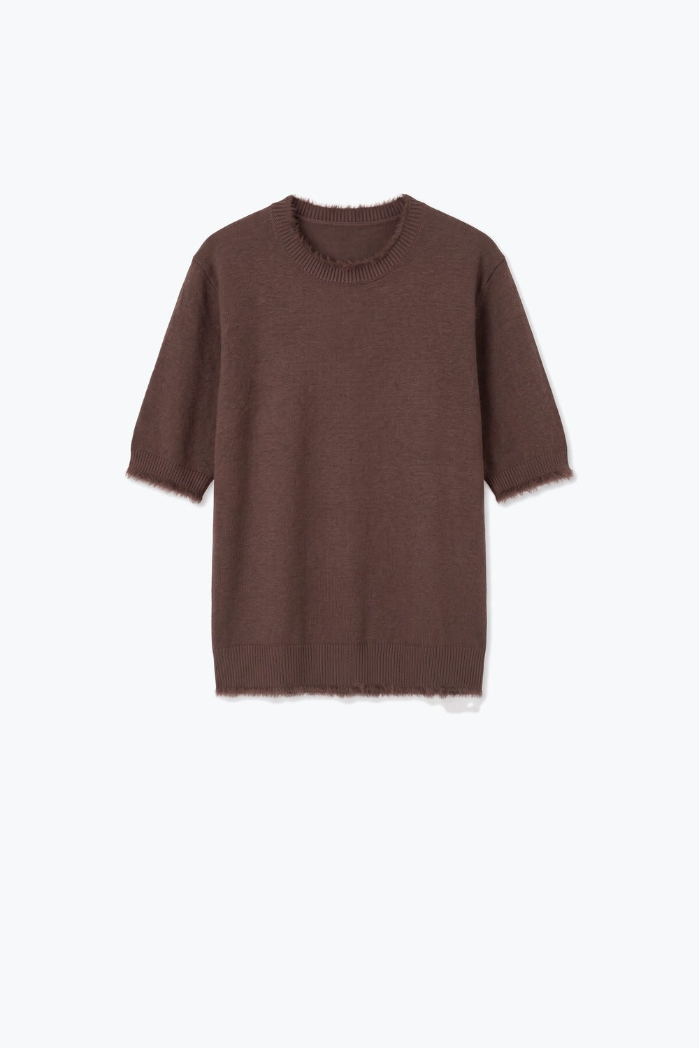 Brown Short Sleeve Crew Neck Sweater with Faux Fur Trim
