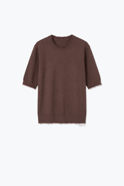 Brown Short Sleeve Crew Neck Sweater with Faux Fur Trim
