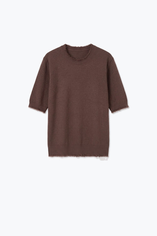 Brown Short Sleeve Crew Neck Sweater with Faux Fur Trim
