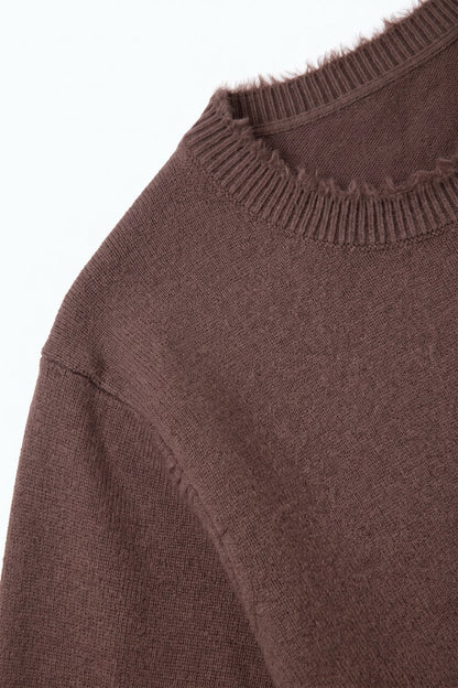 Brown Short Sleeve Crew Neck Sweater with Faux Fur Trim