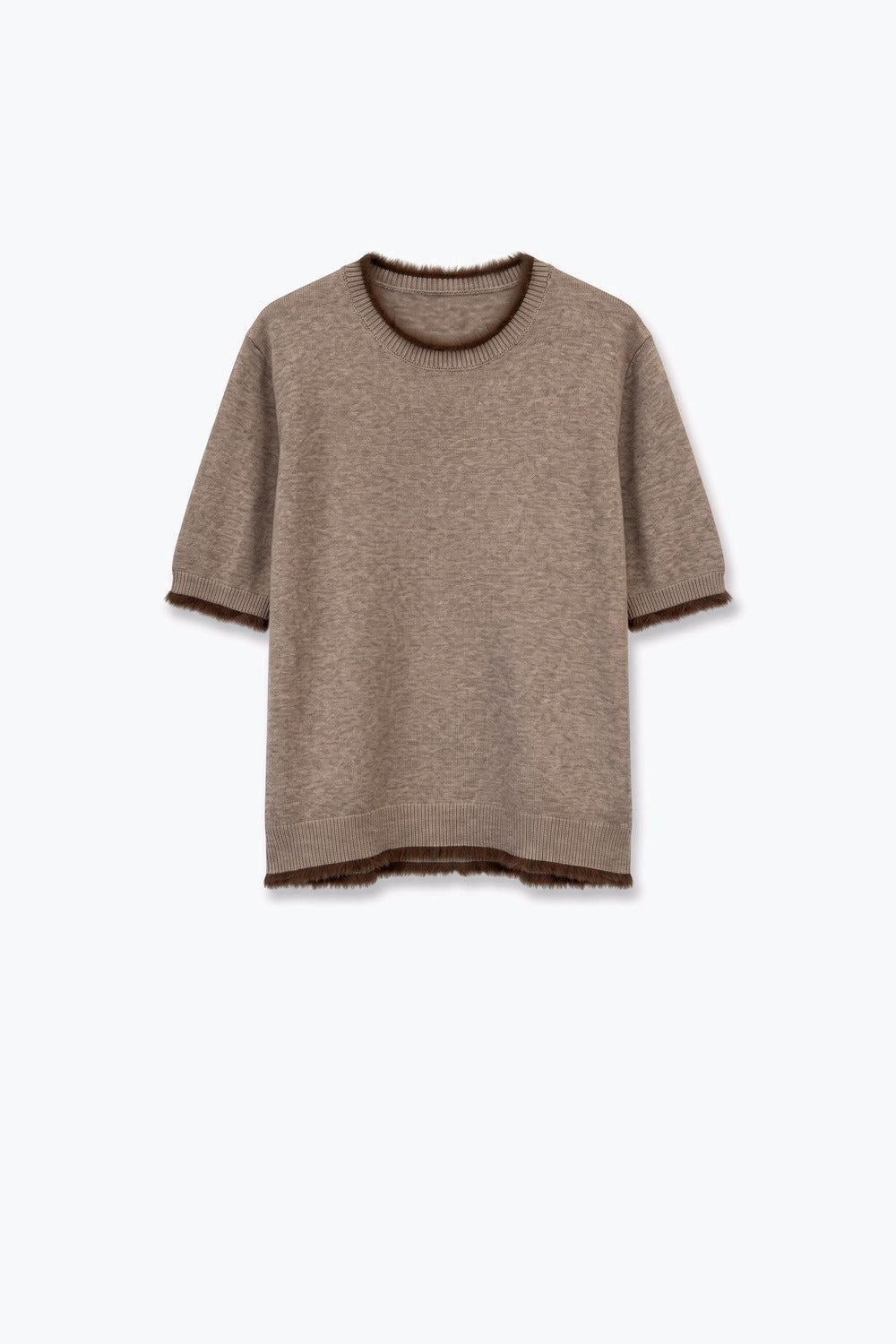 Camel Short Sleeve Crew Neck Sweater with Faux Fur Trim