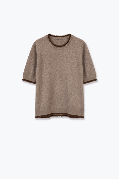 Camel Short Sleeve Crew Neck Sweater with Faux Fur Trim