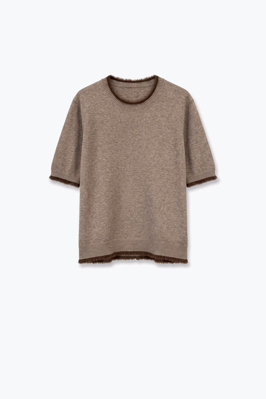Camel Short Sleeve Crew Neck Sweater with Faux Fur Trim