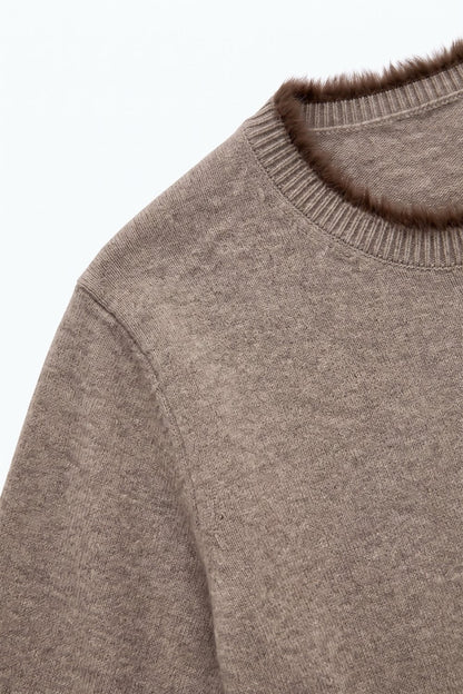 Camel Short Sleeve Crew Neck Sweater with Faux Fur Trim
