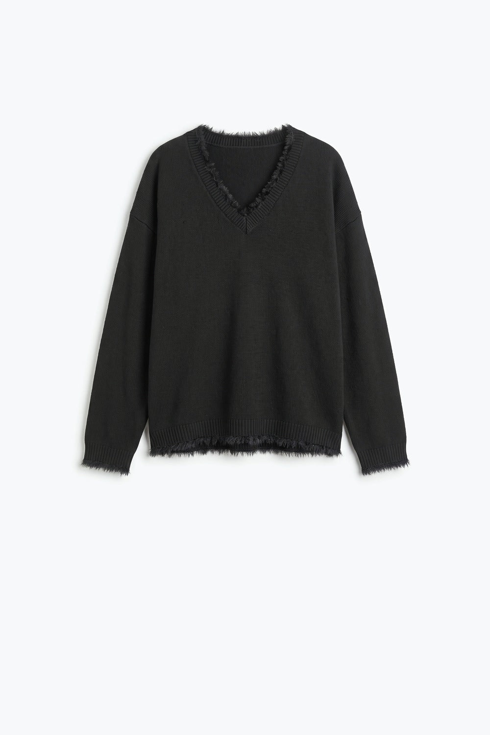 Black V-Neck Sweater with Faux Fur Trim