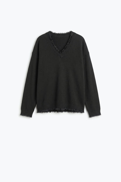 Black V-Neck Sweater with Faux Fur Trim