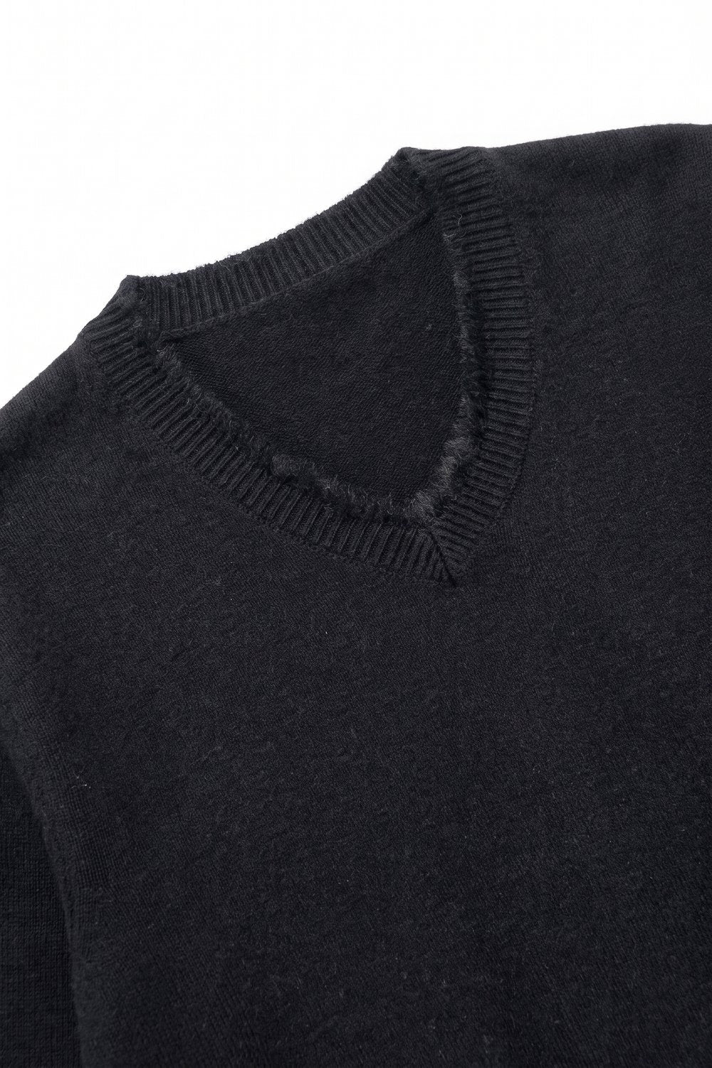 Black V-Neck Sweater with Faux Fur Trim