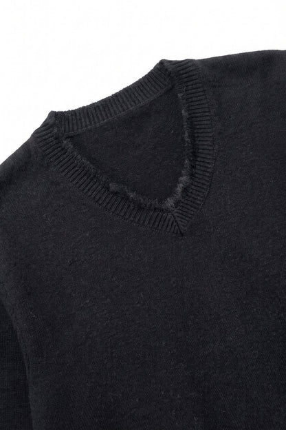 Black V-Neck Sweater with Faux Fur Trim