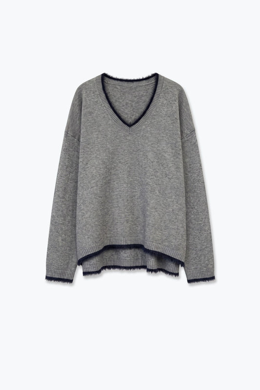 Gray V-Neck Sweater with Faux Fur Trim