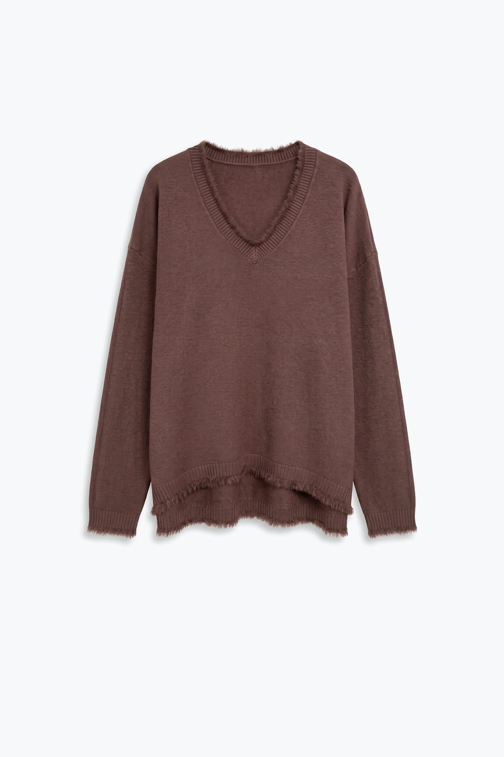 Brown V-Neck Sweater with Faux Fur Trim