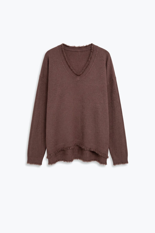 Brown V-Neck Sweater with Faux Fur Trim