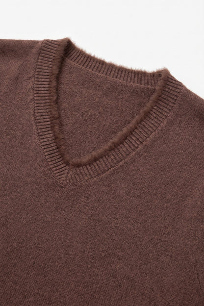 Brown V-Neck Sweater with Faux Fur Trim
