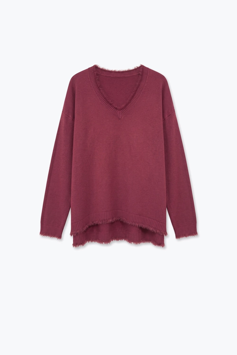 Burgundy V-Neck Sweater with Faux Fur Trim
