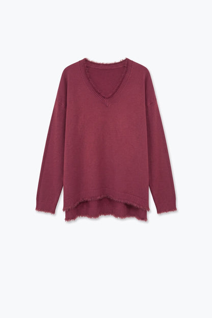Burgundy V-Neck Sweater with Faux Fur Trim