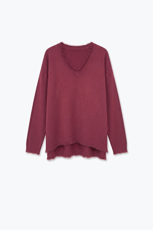 Burgundy V-Neck Sweater with Faux Fur Trim