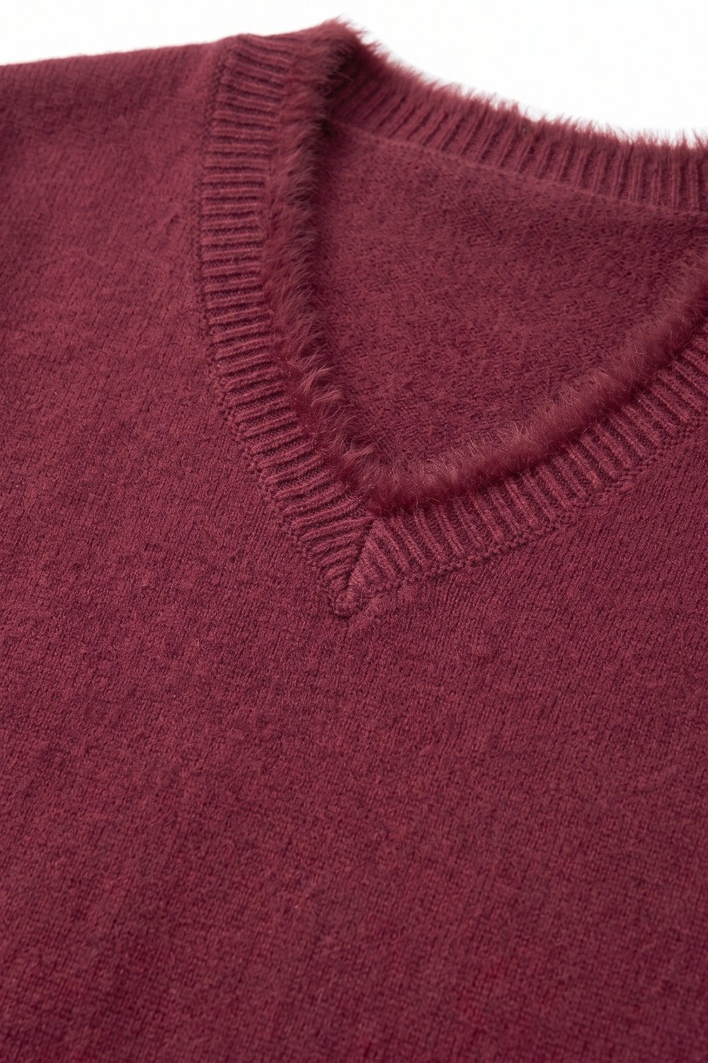 Burgundy V-Neck Sweater with Faux Fur Trim