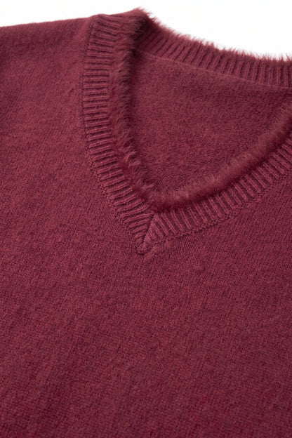 Burgundy V-Neck Sweater with Faux Fur Trim