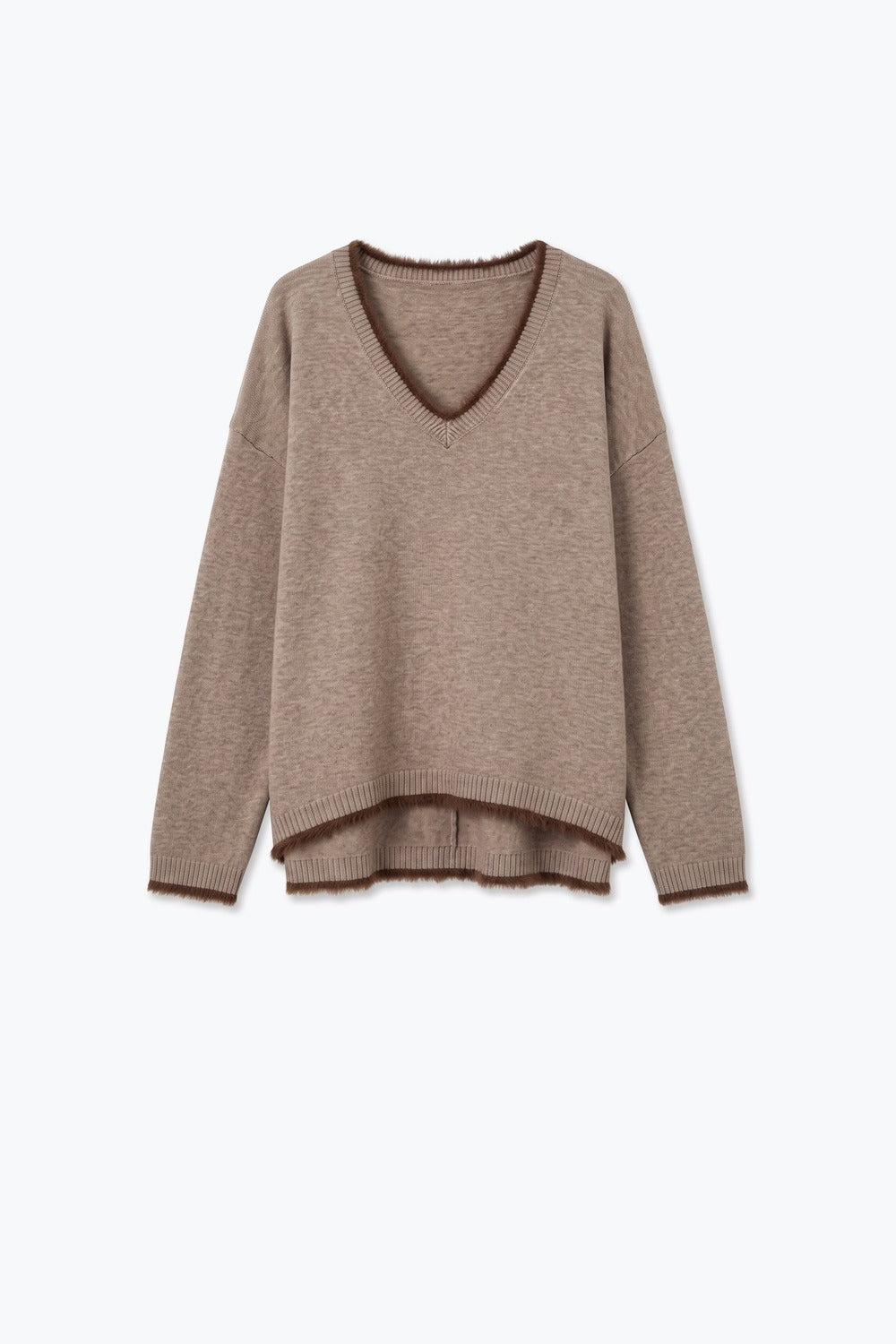 Camel V-Neck Sweater with Faux Fur Trim