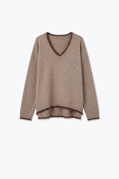 Camel V-Neck Sweater with Faux Fur Trim